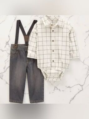 Carter’s Button-Up Bodysuit Pant Set with Suspenders Beige 12 Month NWT